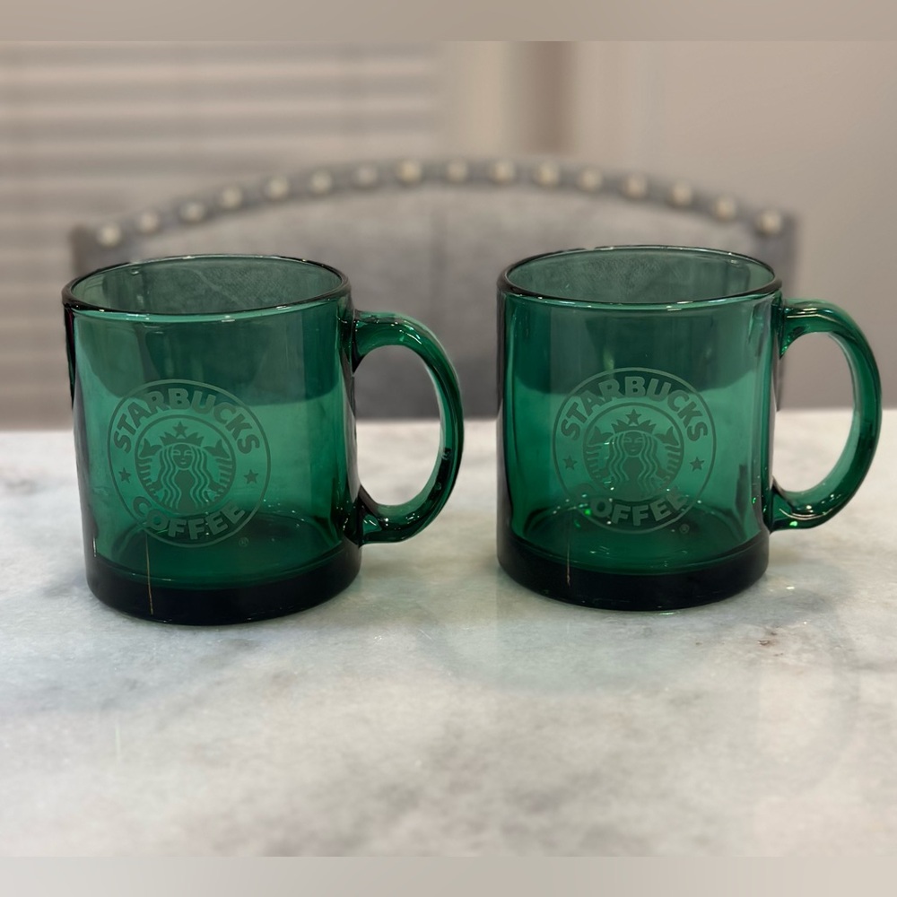 Starbucks Vintage Emerald Green Barista Coffee Mug Set of 2 w/ Official Logo